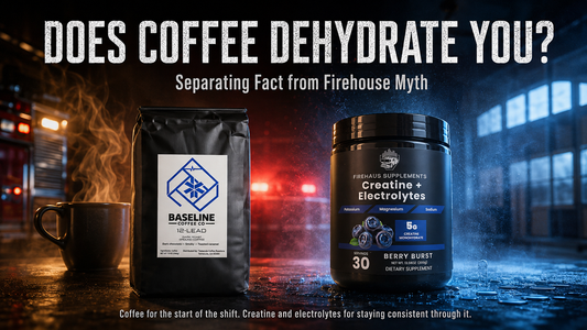 SaltyMedic Outfitters’ 12-Lead Coffee and FireHaus Creatine + Electrolytes in a firehouse setting for an article asking whether coffee dehydrates you.