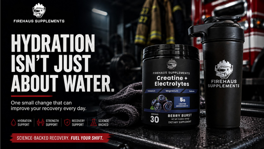 FireHaus Creatine + Electrolytes and shaker bottle representing hydration and recovery.