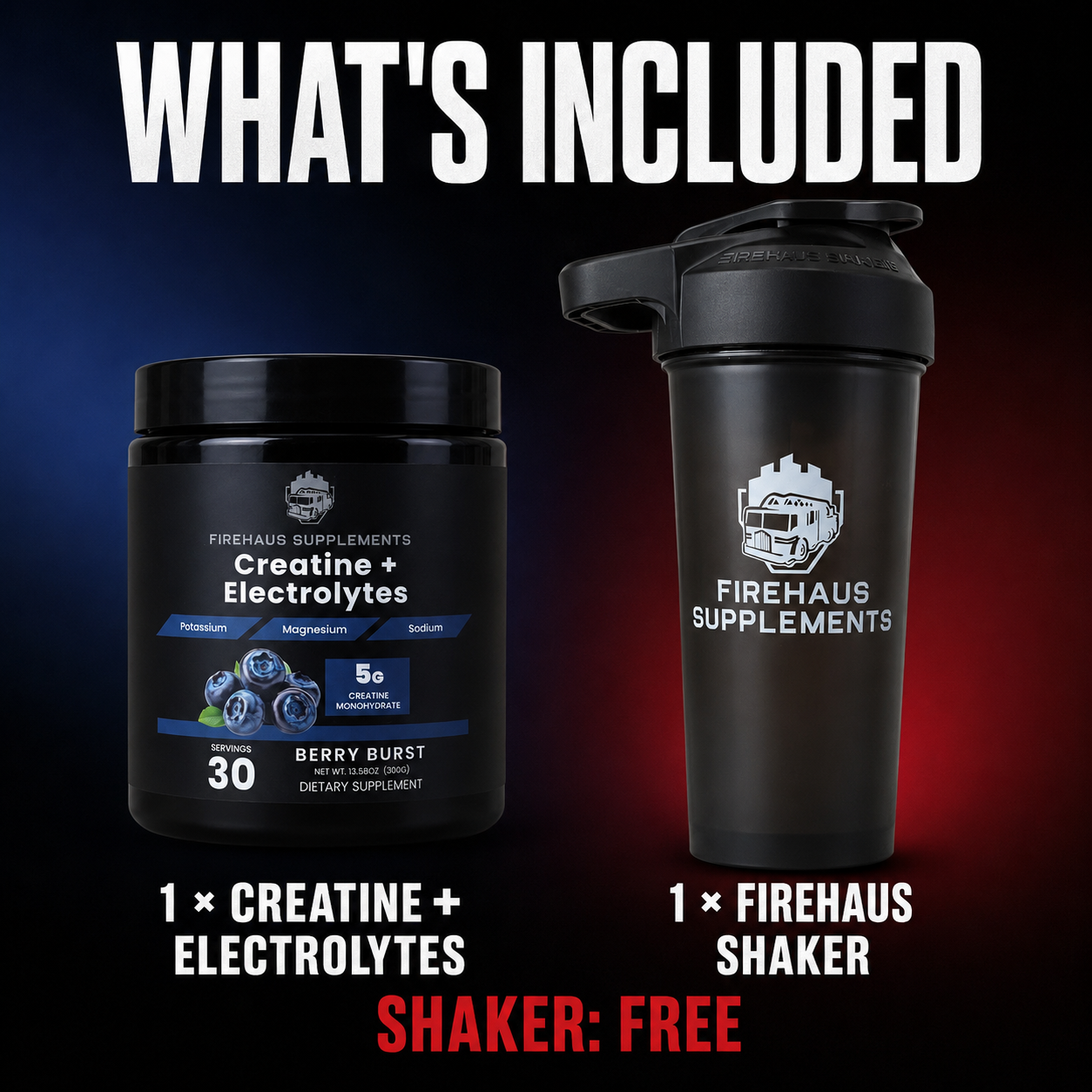 FireHaus Berry Burst Creatine and Electrolytes container and smoke-black FireHaus shaker included in the Labor Day bundle