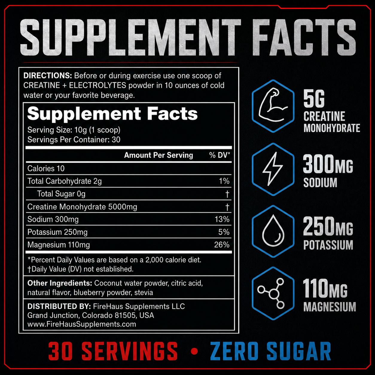 FireHaus Creatine + Electrolytes Supplement Facts showing 5 grams creatine monohydrate and electrolyte amounts per serving.
